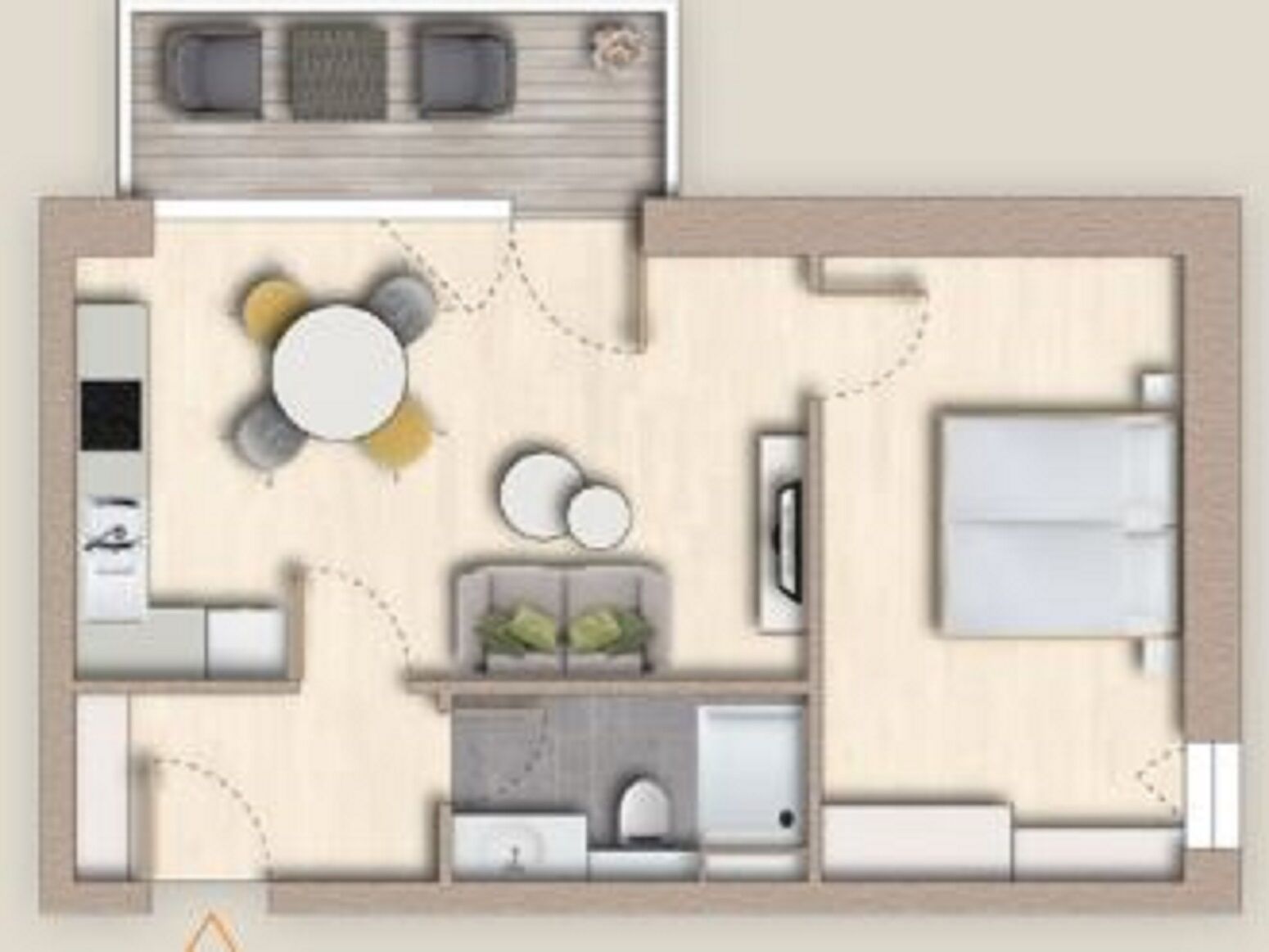 A floor plan of a hotel room with a bed, a seating area with a table and chairs, a kitchenette, and a bathroom.