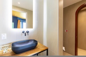 A bathroom with a black basin on a wooden countertop, a mirror, and a shower area. - The View The Ambassador (Jan Thiel)