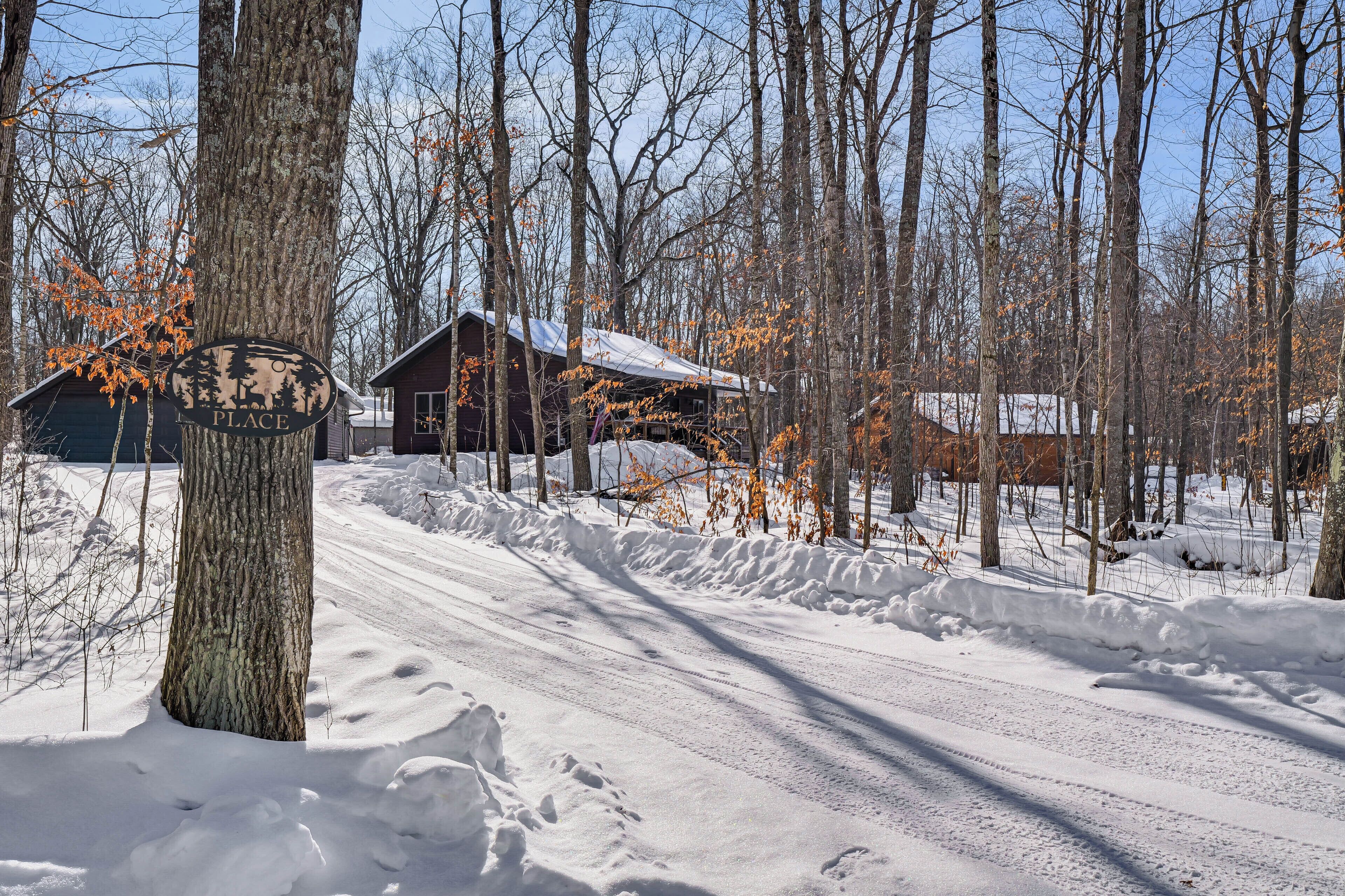 A cabin in a snowy forest with a clear path leading to it.