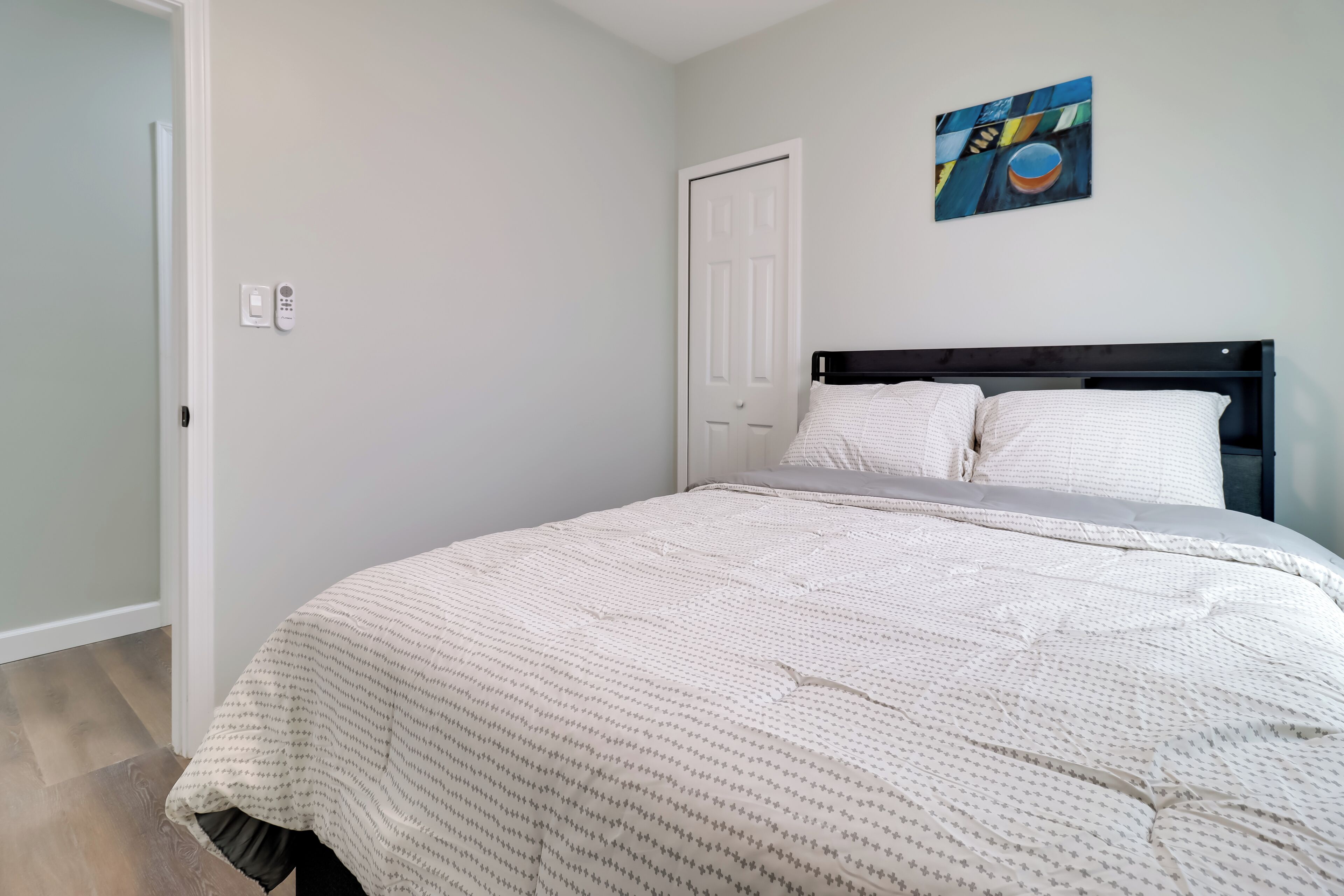 A bedroom with a bed, a door, and a wall-mounted artwork.