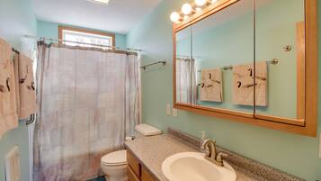 A bathroom with a shower curtain, a toilet, a sink, and a mirror.