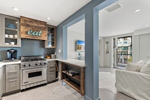 Fridge, microwave, oven, stovetop - Main St. Getaway | Downtown Rosemary Condo Perfect for a 30A Getaway, 3 Bikes (Rosemary Beach)