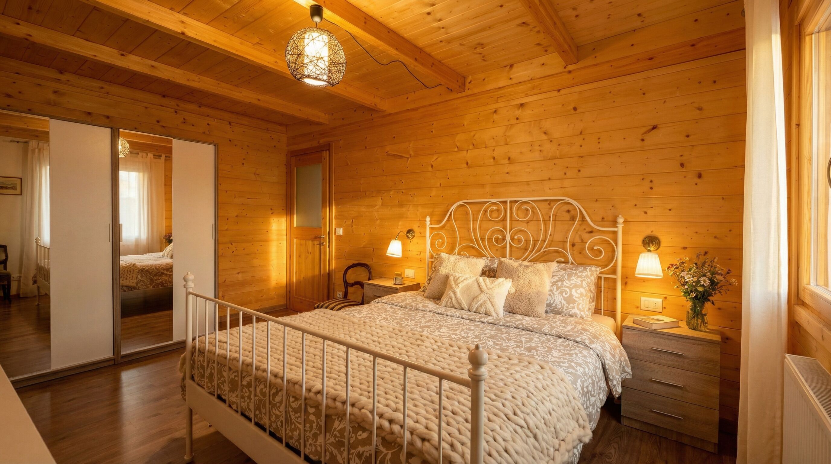 Dormitorio de una cabaña de madera con cama, mesitas de noche y lámpara colgante.