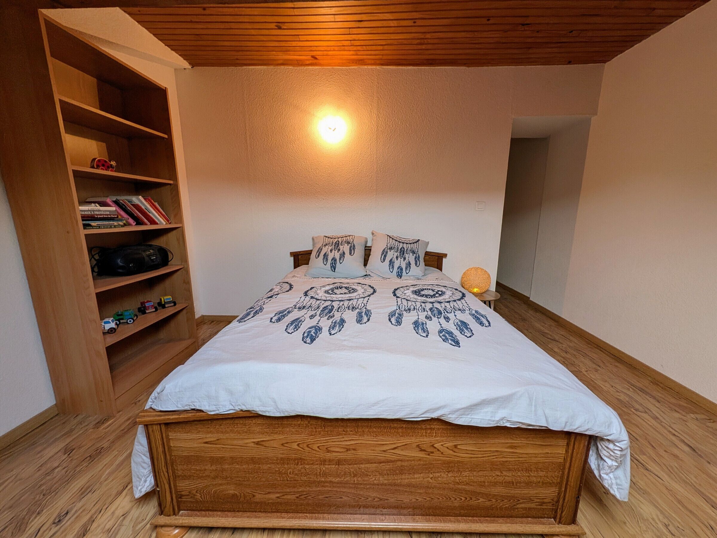 A bedroom with a wooden bed, a bookshelf, and a ceiling light.