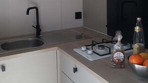 A modern kitchen with a stainless steel sink, a gas stove, and a bowl of fruit on the counter. - Mobile Home for 4 with Terrace in Le Pradet (Le Pradet)