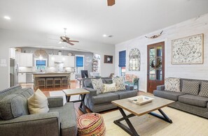Smart TV, fireplace, books