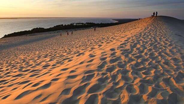 Ein sandiger Strand mit Fußabdrücken, die zum Wasser führen.