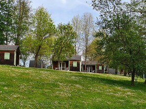 Une rangée de cabanes, avec une colline verdoyante au premier plan, le tout entouré d’arbres.