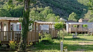 A row of mobile homes with wooden decks and a grassy area in front. - Cozy mobile home for 4 people with fully-equipped kitchen (Les Aires)