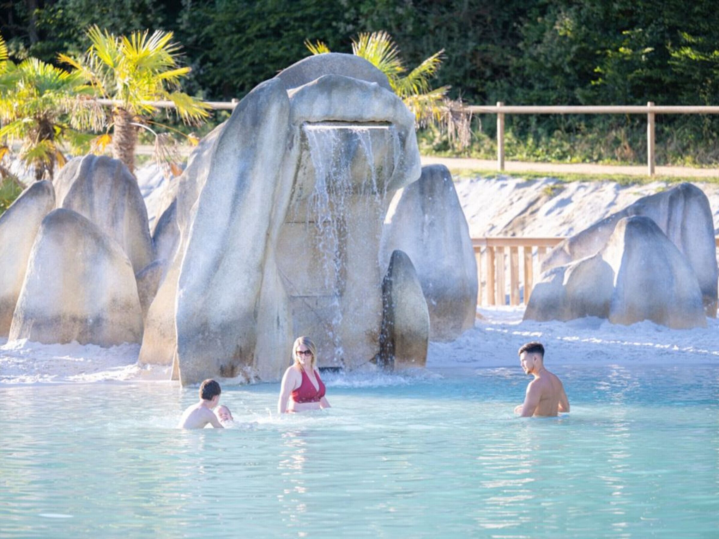 A pool area with large rock formations and palm trees.