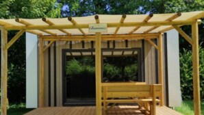 Een houten pergola met een bankje, omringd door groen.