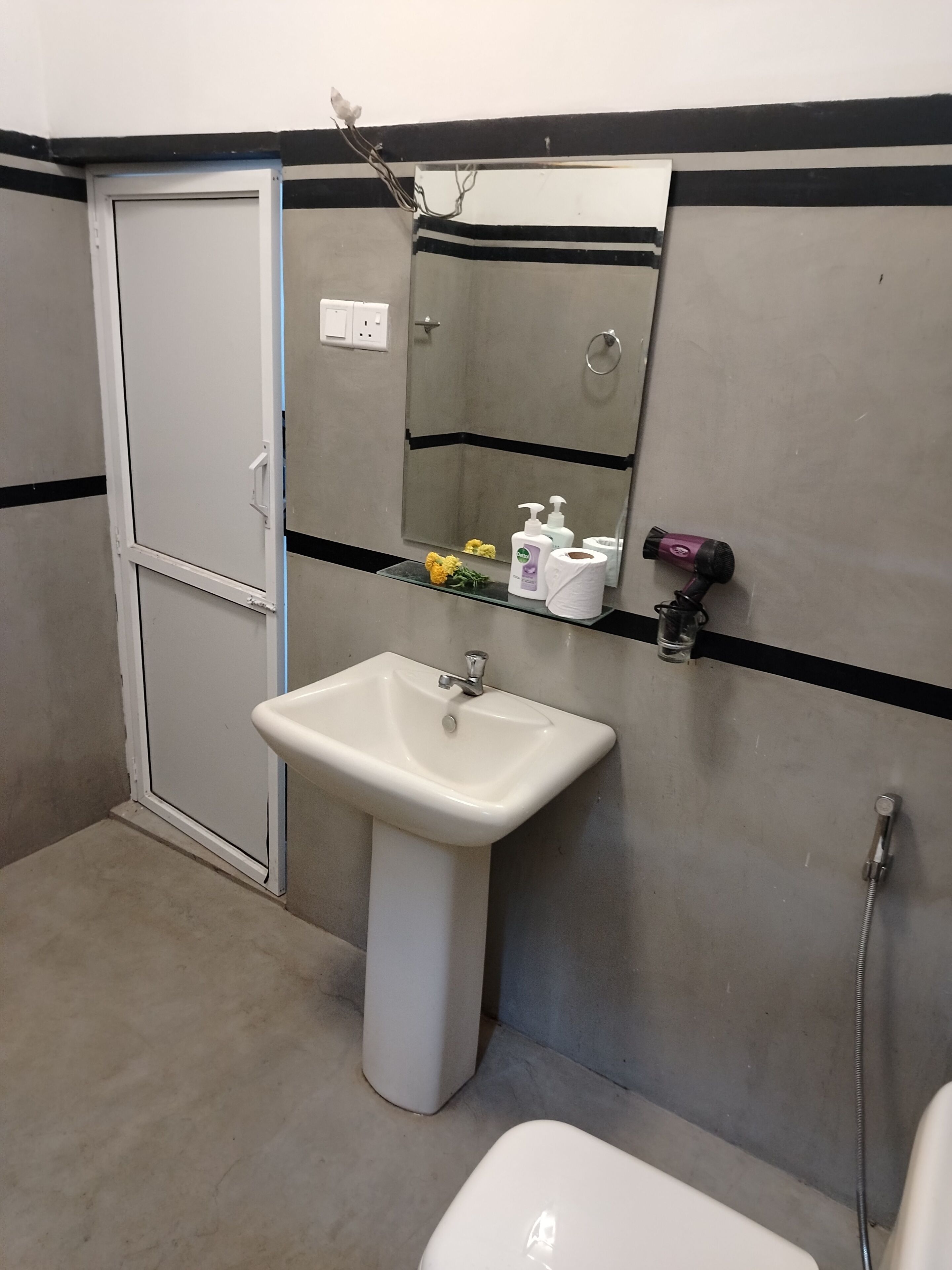 Shower, towels, soap, toilet paper