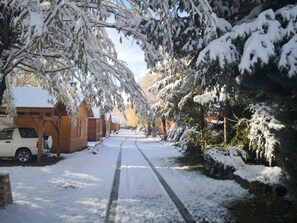 Een met sneeuw bedekte straat met gebouwen aan één kant en bomen aan de andere kant.