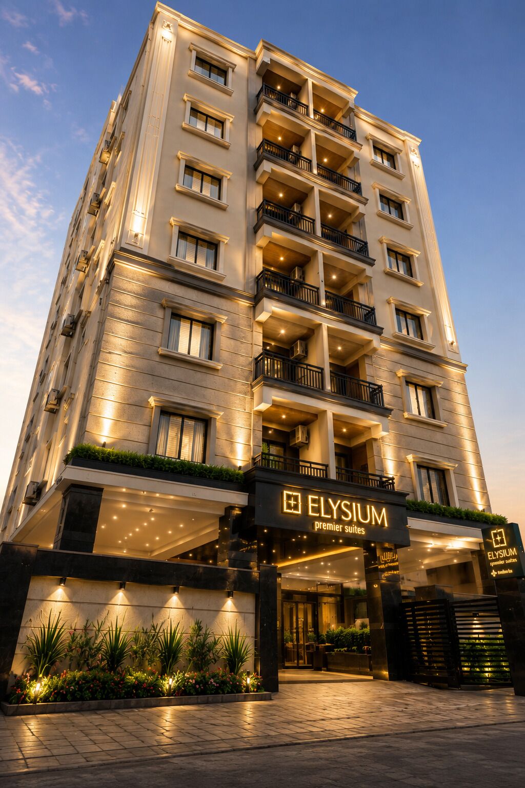 A multi-story hotel with a prominent entrance, balconies, and a sign indicating it offers premier suites.