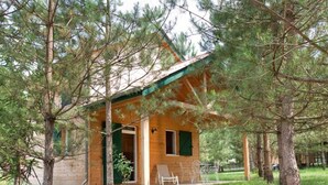 A small wooden cabin surrounded by pine trees.