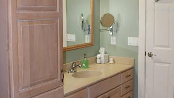 Hair dryer, towels, soap, toilet paper