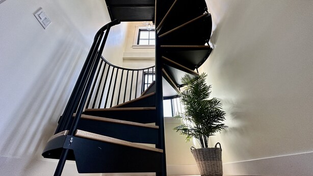 A spiral staircase with a black railing, a potted plant, and a wooden floor. - Downtown Newport Townhouse 2 Br/1.5 Bath/parking 2 Bedroom Apts (Newport)