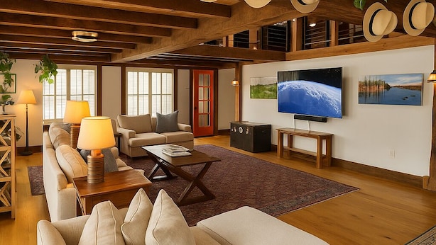 A spacious living room with a large sofa, a coffee table, and a television. There are multiple hats hanging on the ceiling, and a red door is visible in the background. - Magical Post And Beam Loft Downtown Newport! 2 Bedroom Apts (Newport)