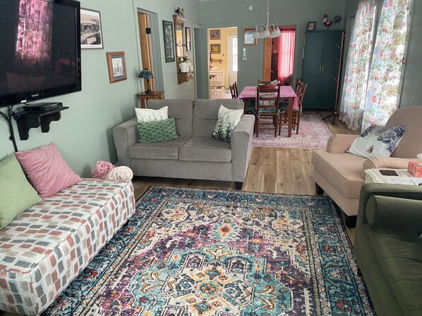 TV, DVD player, books, video library