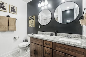 Hair dryer, towels, soap, toilet paper