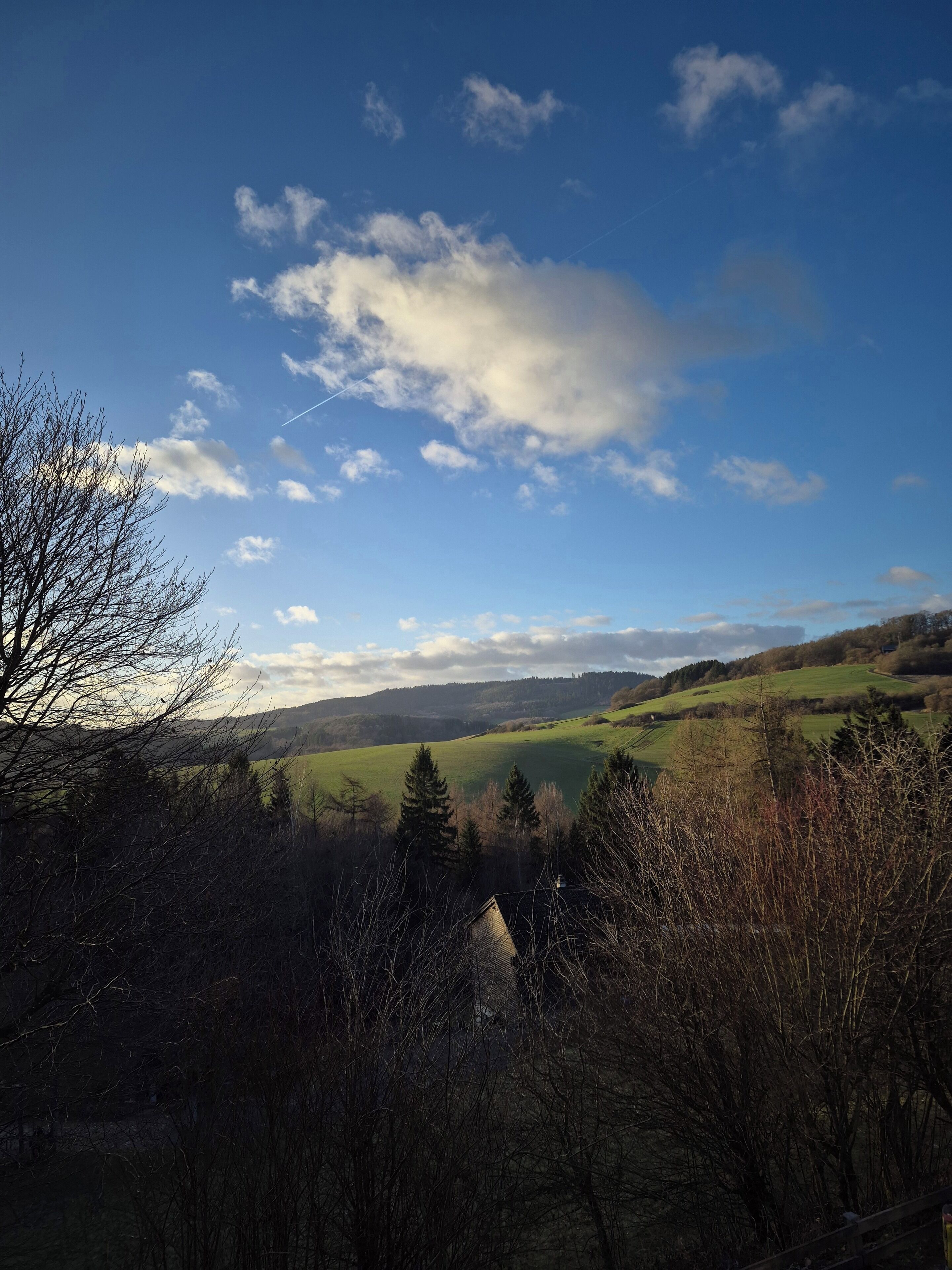 Ländliche Landschaft mit sanften Hügeln, blauem Himmel und einem kleinen Haus, das zwischen Bäumen liegt.