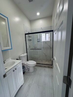 Regadera, secadora de cabello, toallas, jabón 