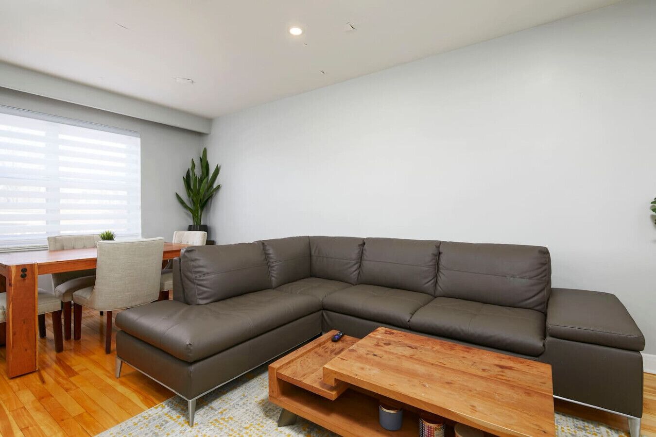 A modern living room with a sectional sofa, a wooden coffee table, a dining table with chairs, and a potted plant.
