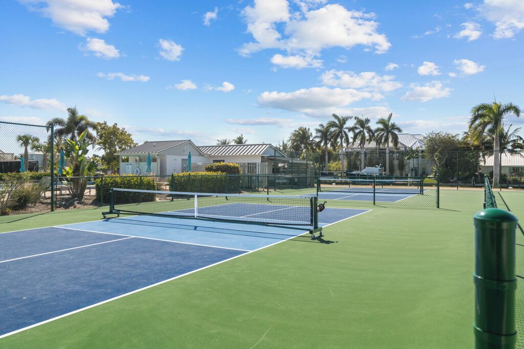 Un court de tennis avec un filet, entouré de verdure et de palmiers.