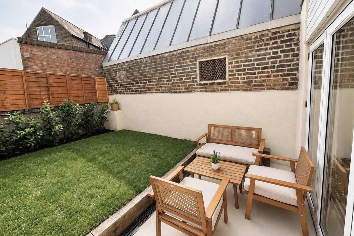 A patio with a table and chairs, a small lawn, and a brick wall.
