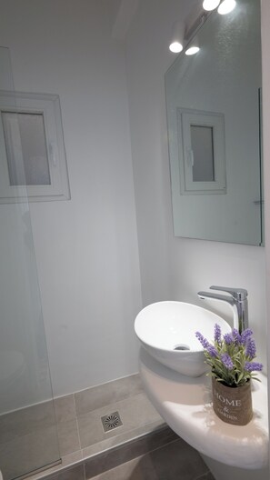 Dusche, Haartrockner, Handtücher, Toilettenpapier