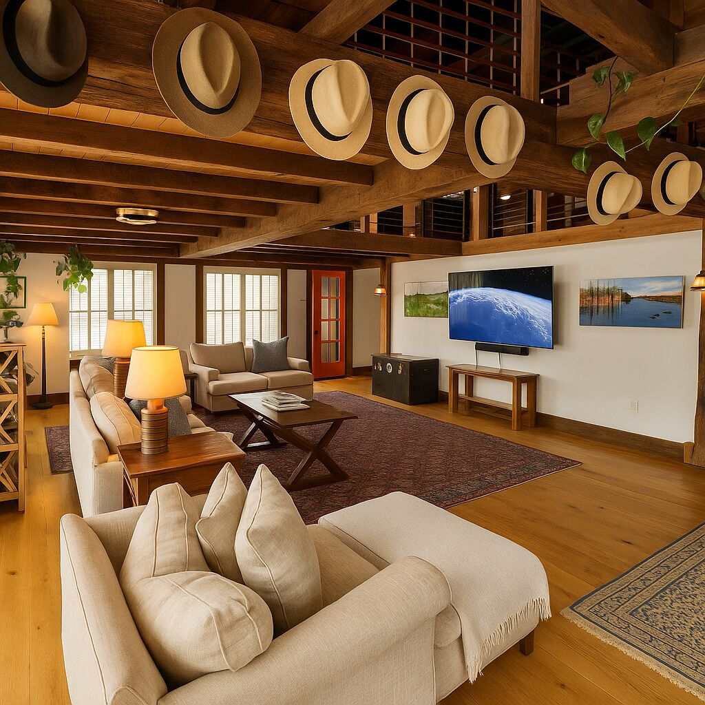 TV, fireplace, books, stereo