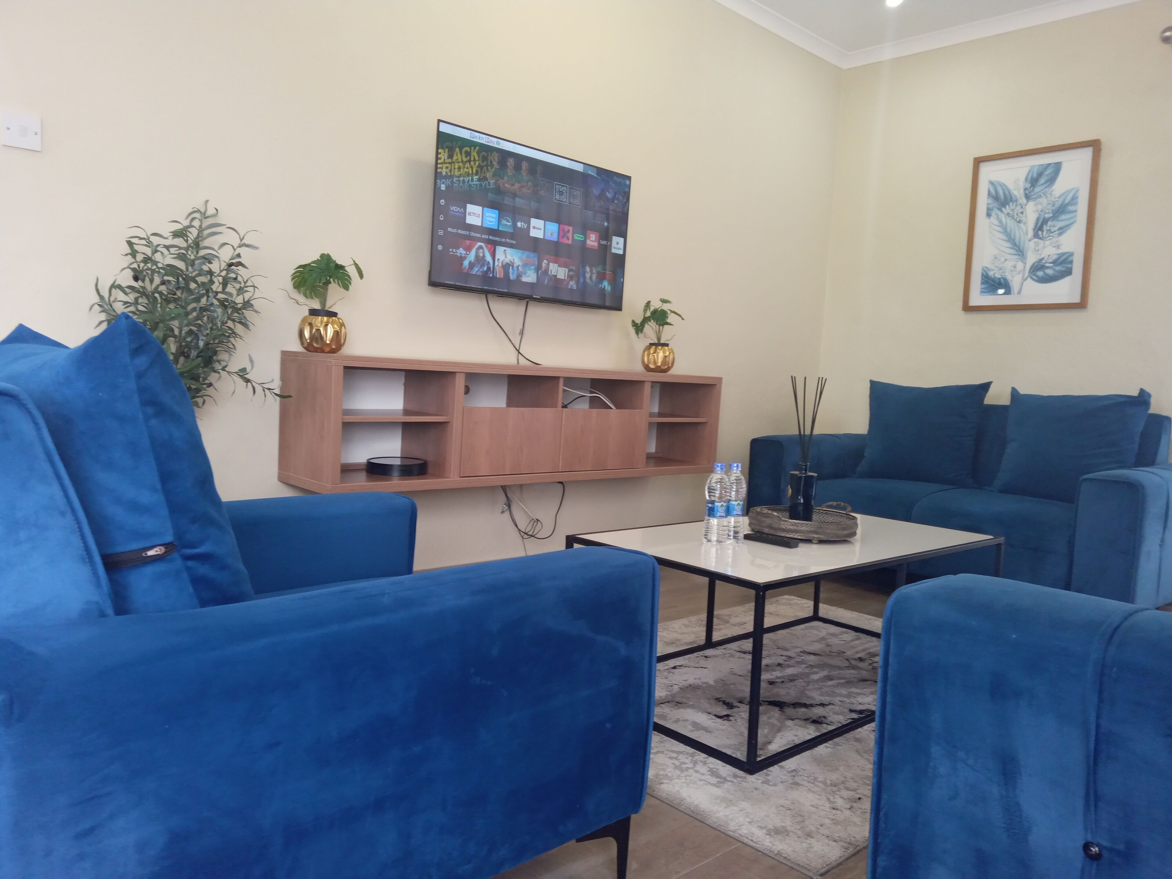 Luxury-Apartment, Terrasse, Stadtblick | Wohnbereich | 43-Zoll-Smart-TV mit Digitalempfang