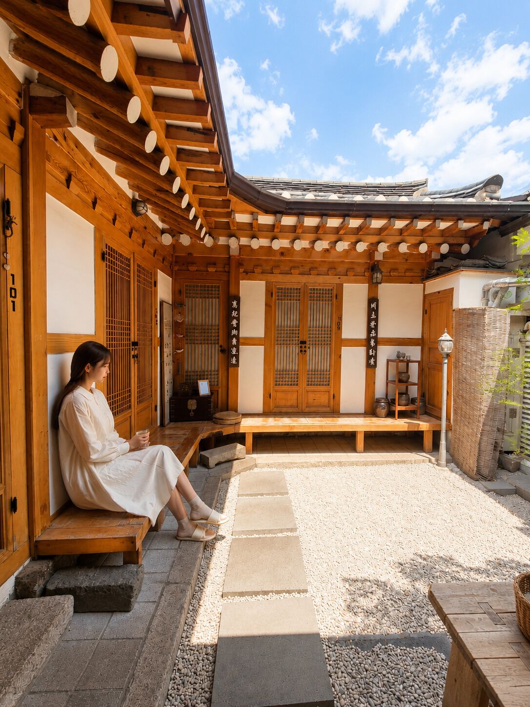 Un bâtiment japonais traditionnel avec des poutres en bois et un sol recouvert de tatamis.