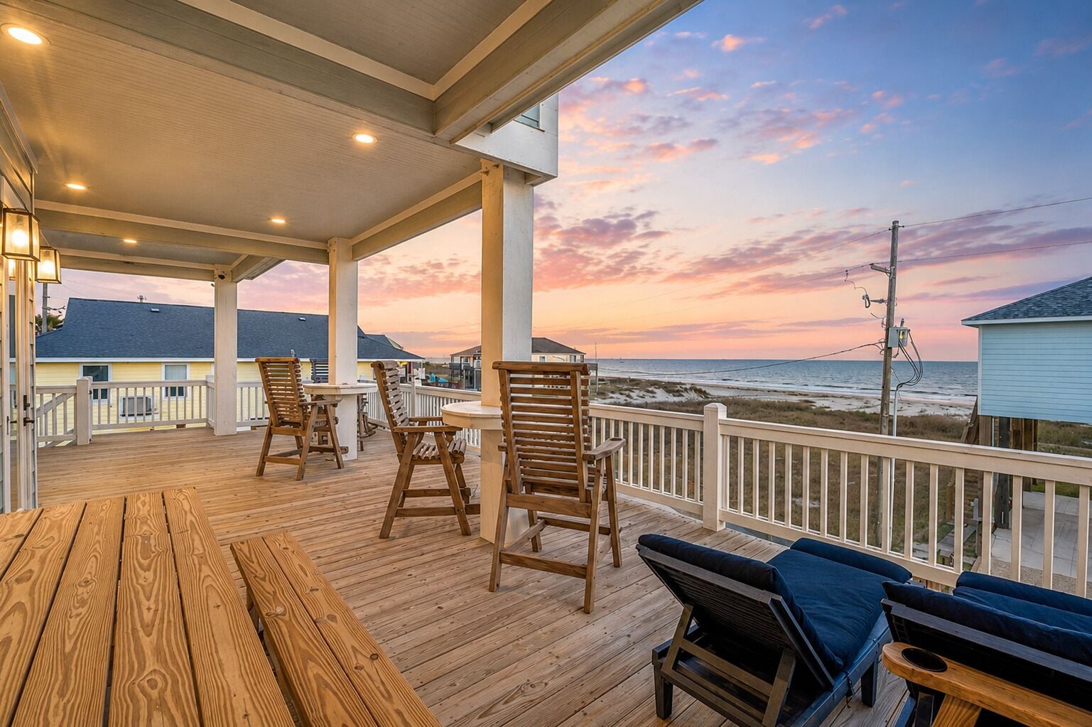 A wooden deck with outdoor seating and a view of the ocean at sunset.