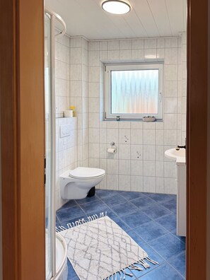 A bathroom with a toilet, a window, a sink, and a blue tiled floor. - Large, cozy vacation apartment in the heart of the Kraichgau. (Kraichtal)