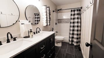 Hair dryer, towels, soap, shampoo