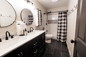 Hair dryer, towels, soap, shampoo