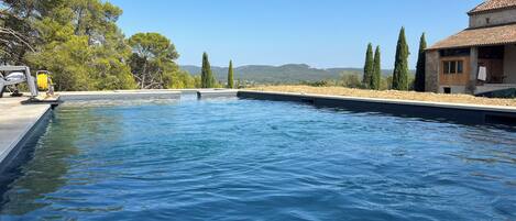 Seasonal outdoor pool, pool umbrellas, pool loungers
