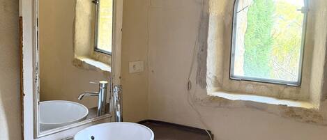 A bathroom with a white sink, a mirror, and a window with a view of greenery.