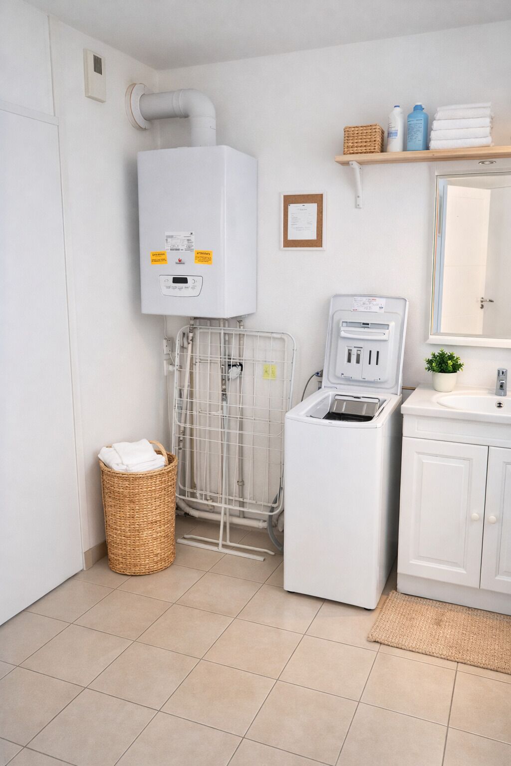 Un baño moderno con inodoro blanco, lavadora, lavamanos y zona de ducha.