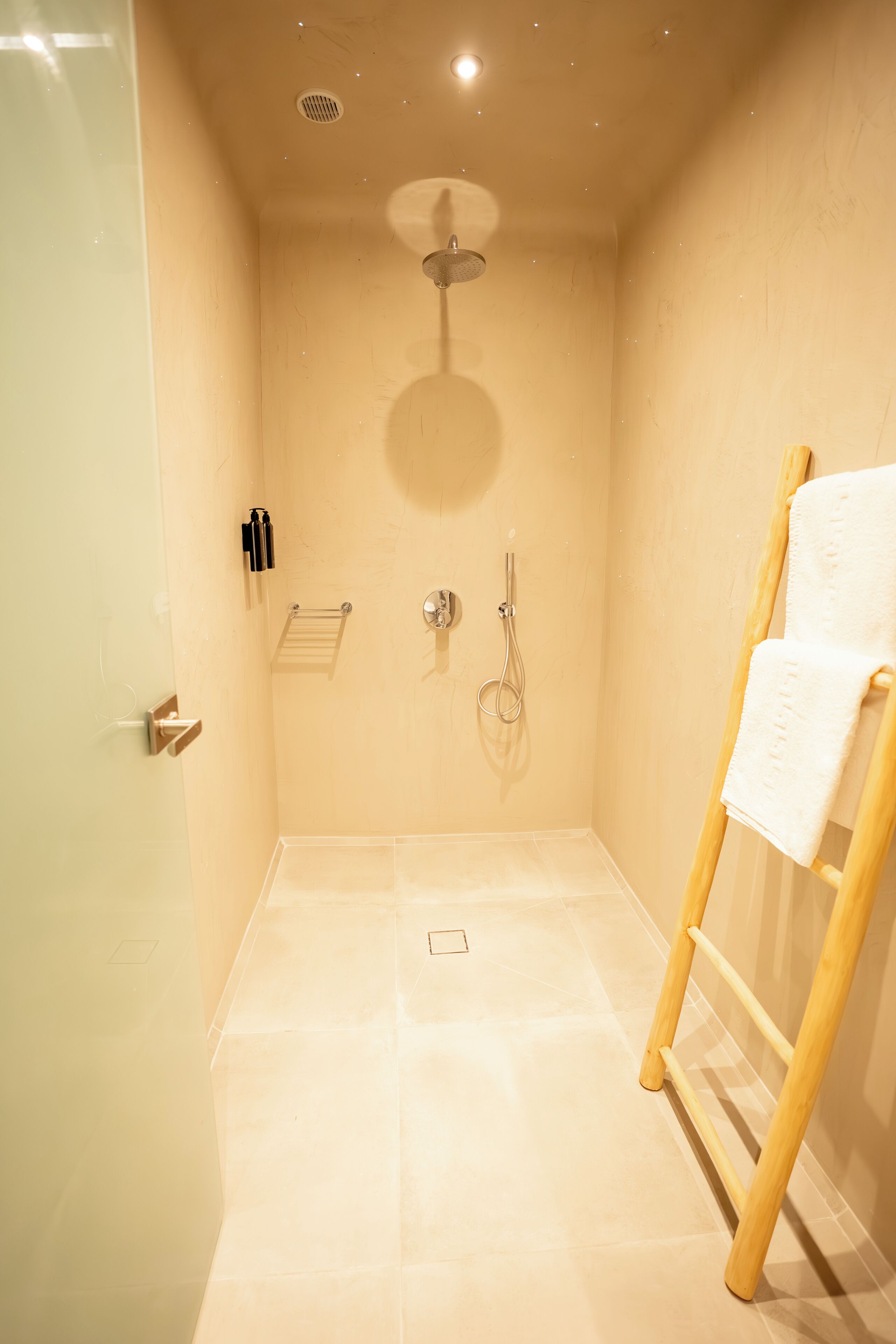 A bathroom with a shower, a towel rack, and a wooden ladder.