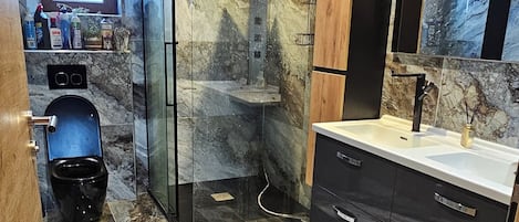 Shower, hair dryer, soap, toilet paper
