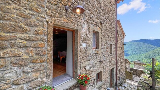 A stone building with a wooden door, a small window, and a potted plant with flowers. - Tuscan Organic Farm House Alba Etrusca (cortona)