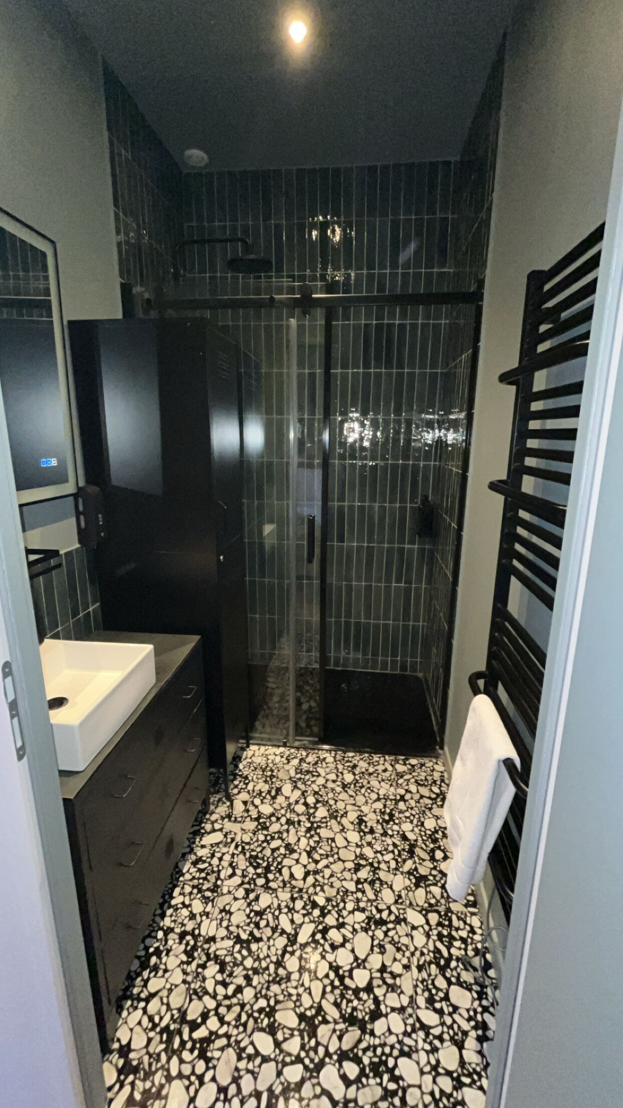 Chuveiro, secador de cabelo, toalhas de banho, sabonete