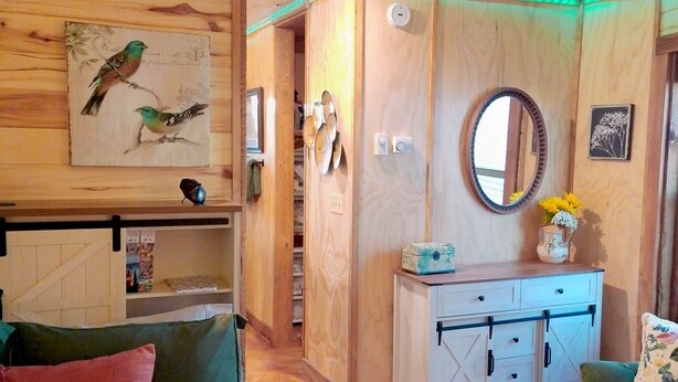 A cozy room with wooden walls, a bed with green and red pillows, a dresser with a mirror, and a painting of birds. - Grain Bin Studio Suite: Unique Stay in the SLV (Moffat)