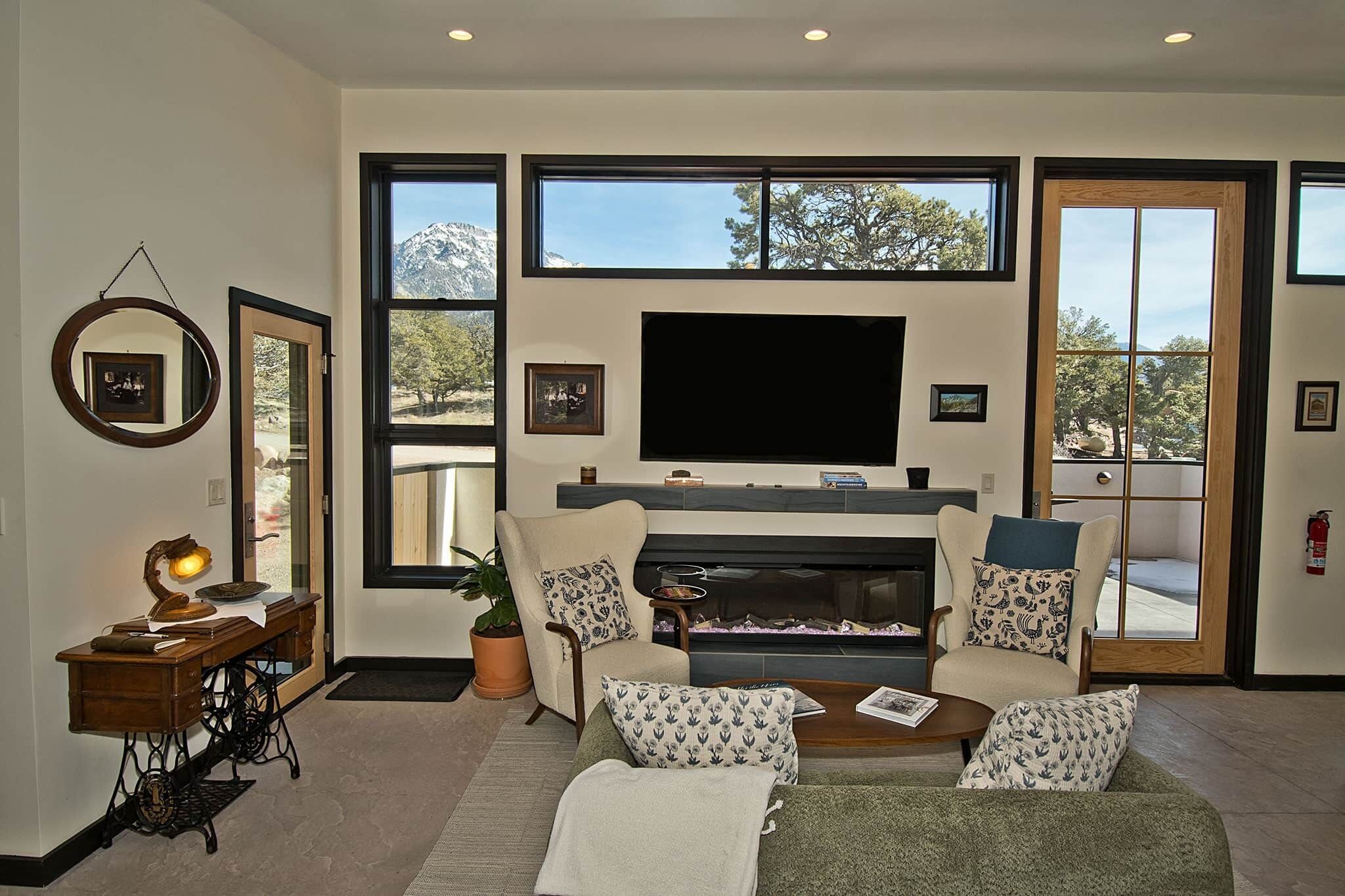 Smart TV, fireplace, books