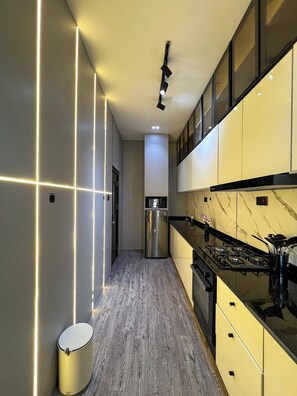 Apartemen Deluks, balkon, pemandangan kota | Dapur pribadi | Lemari es, microwave, oven, dan kompor