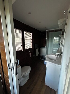 Regadera, toallas, jabón, papel de baño