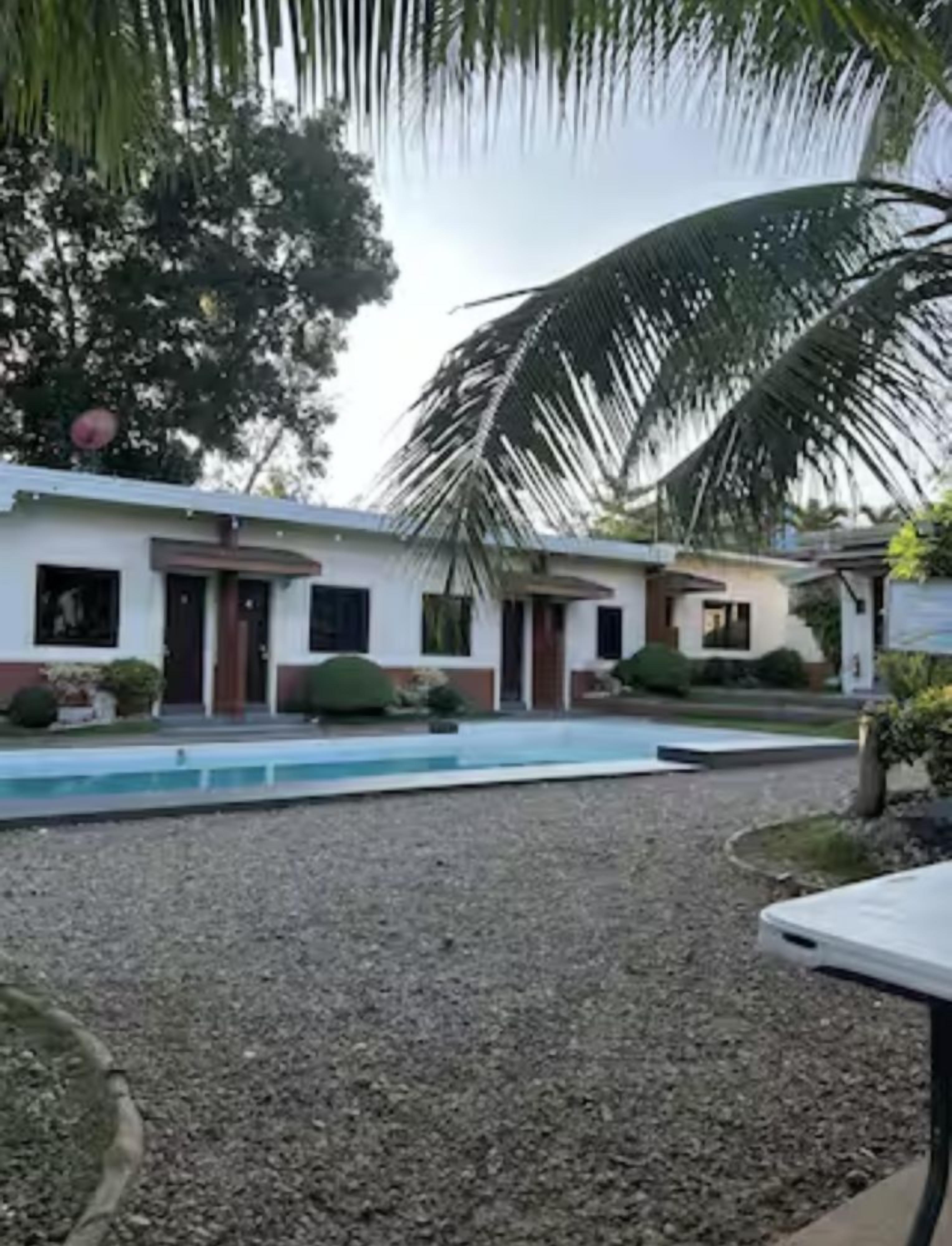 Un bâtiment doté d’une piscine, entouré de gravier et de palmiers.