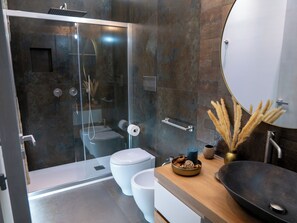 Shower, hair dryer, bidet, towels